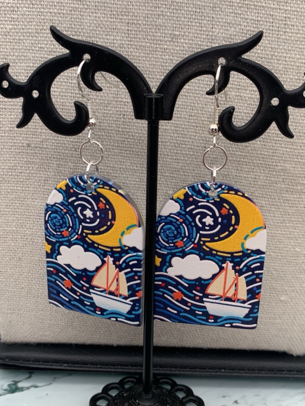Wearable Art painted Night time sky Nautical Moon & Sailboat Earrings